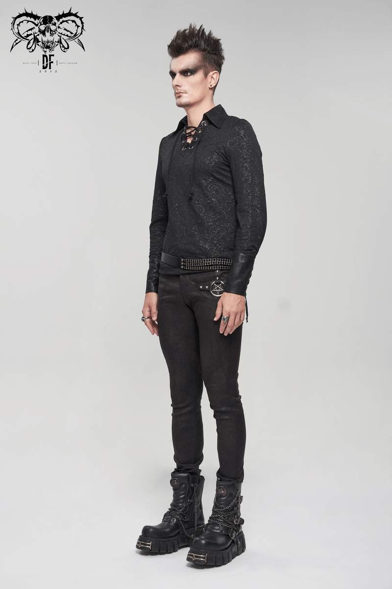 Gothic Turn-down Collar Strappy Shirt / Jacquard Long Sleeve Shirt with Lace Up