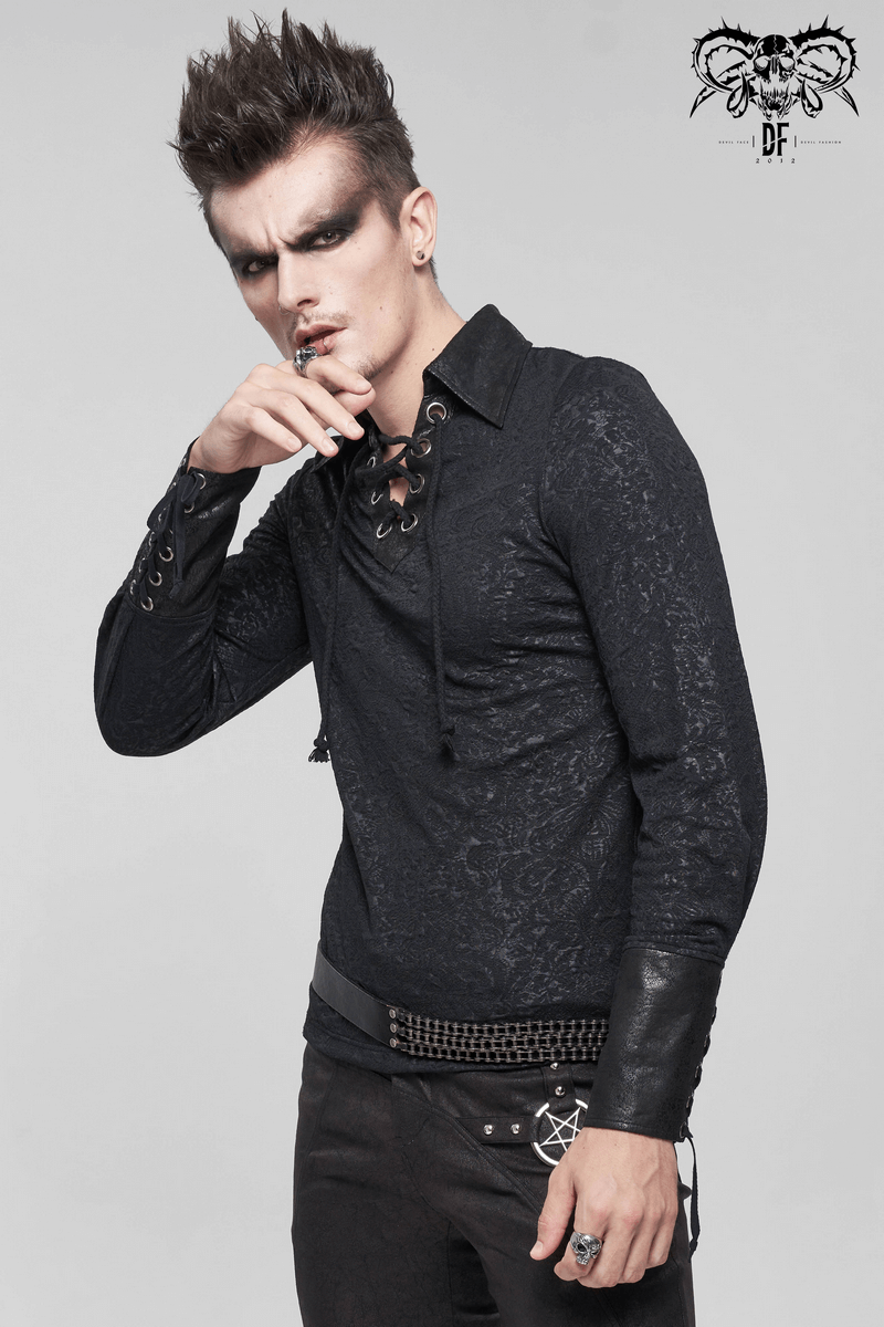 Gothic Turn-down Collar Strappy Shirt / Jacquard Long Sleeve Shirt with Lace Up