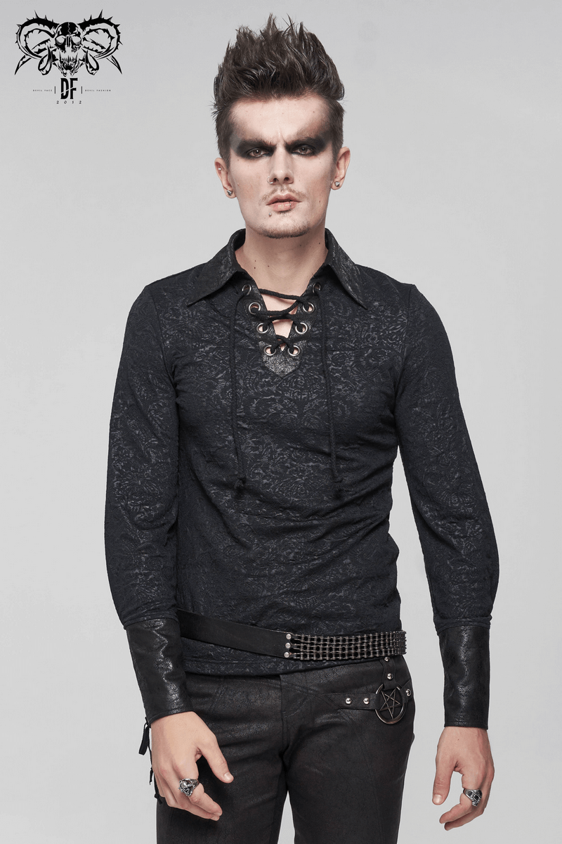 Gothic Turn-down Collar Strappy Shirt / Jacquard Long Sleeve Shirt with Lace Up