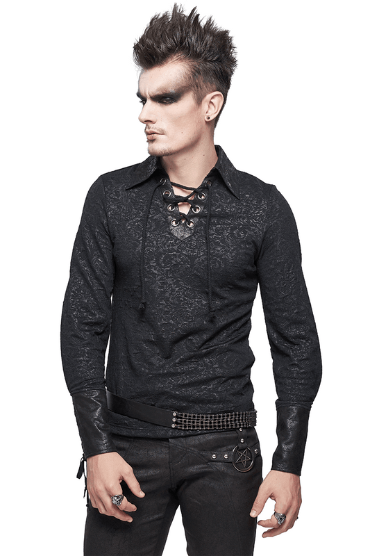 Gothic Turn-down Collar Strappy Shirt / Jacquard Long Sleeve Shirt with Lace Up