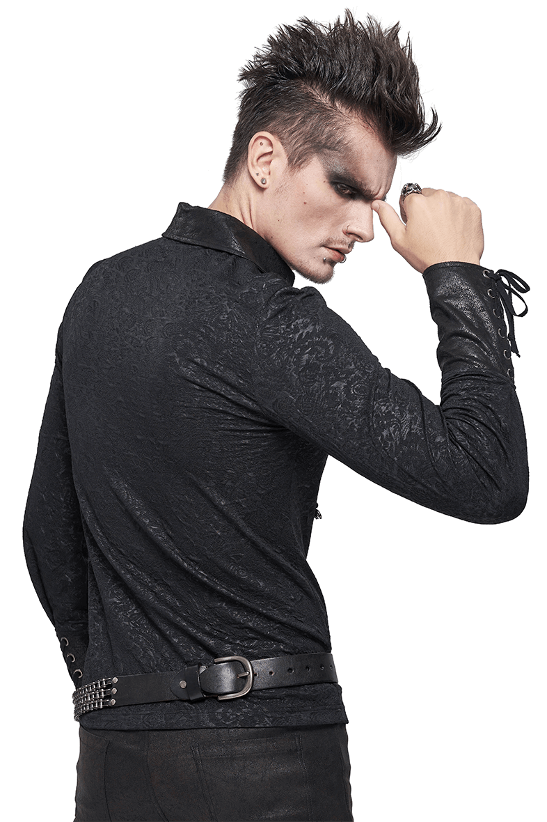 Gothic Turn-down Collar Strappy Shirt / Jacquard Long Sleeve Shirt with Lace Up