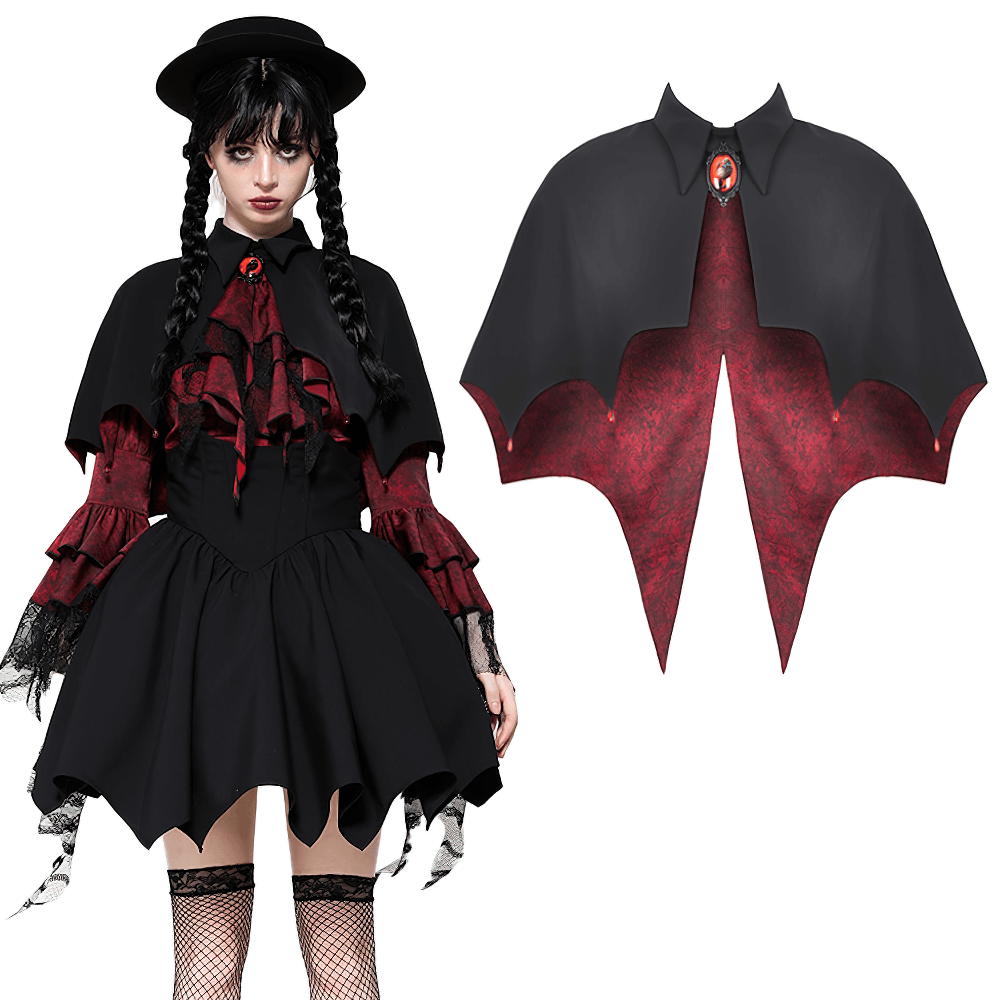 Gothic Vampire Cape with High Collar and Jewel Clasp