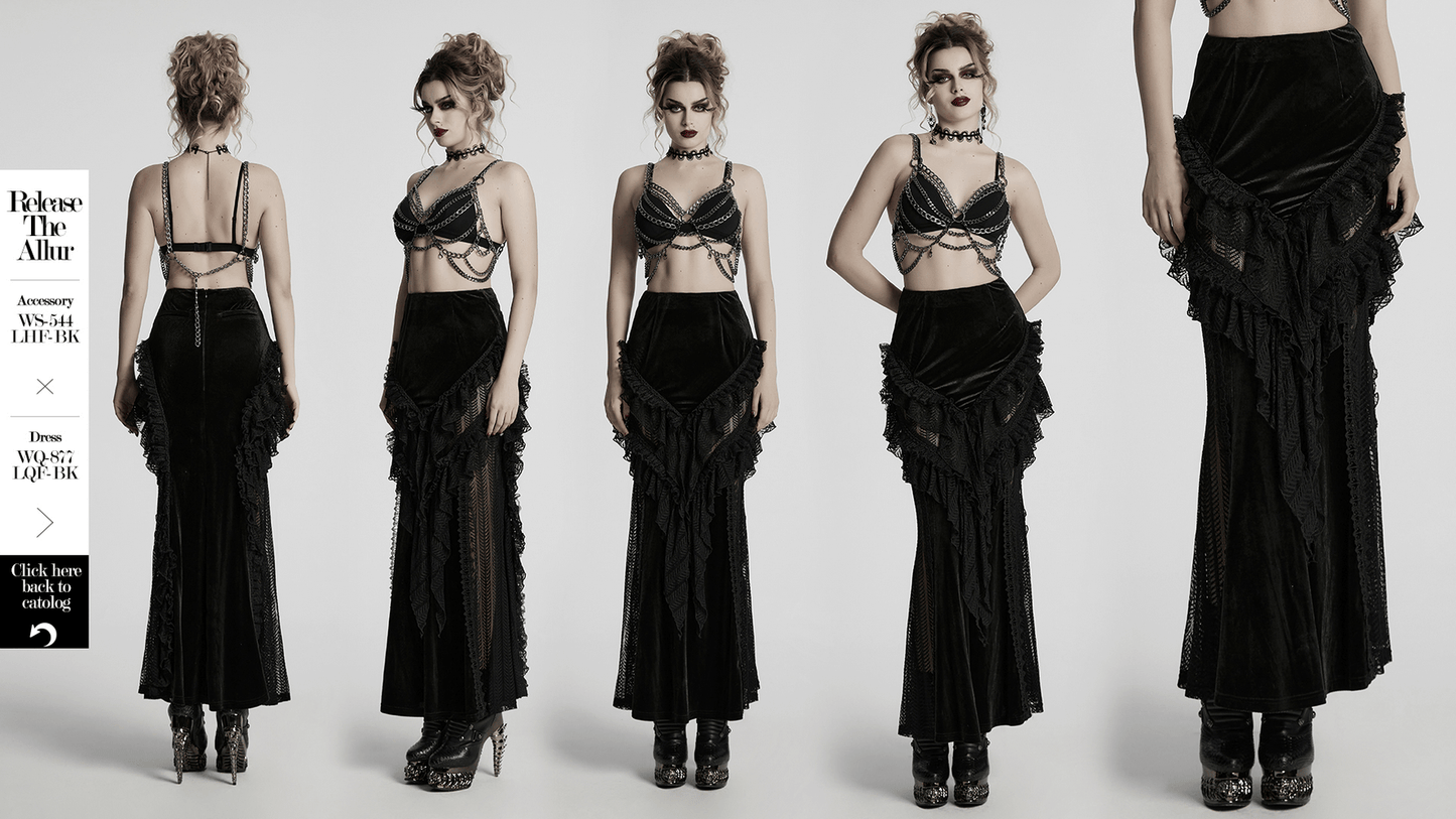 Gothic Velvet and Lace Ruffle Skirt with Mesh Detailing
