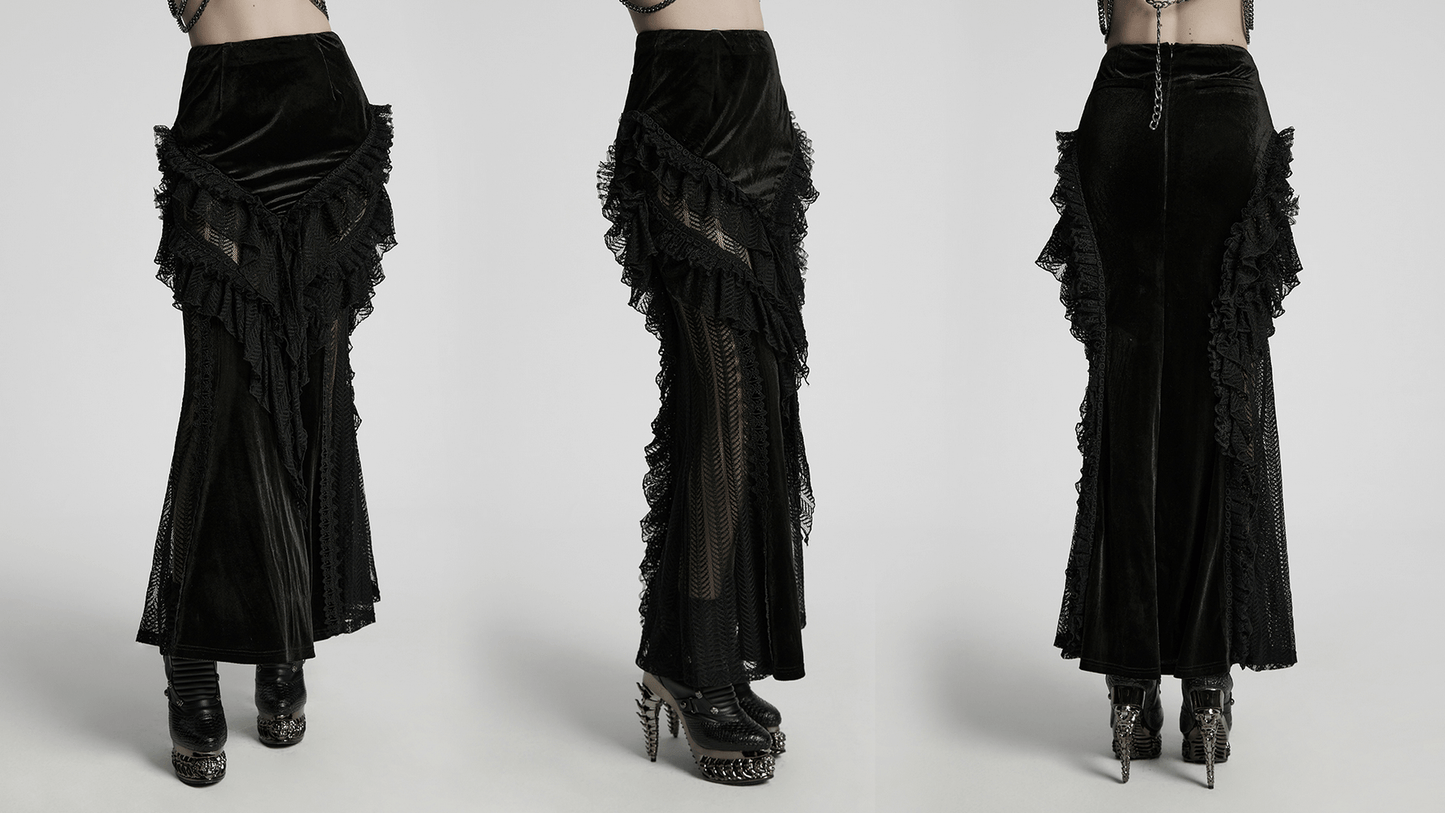 Gothic Velvet and Lace Ruffle Skirt with Mesh Detailing