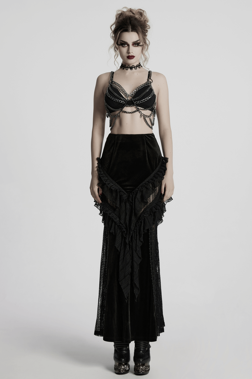 Gothic Velvet and Lace Ruffle Skirt with Mesh Detailing