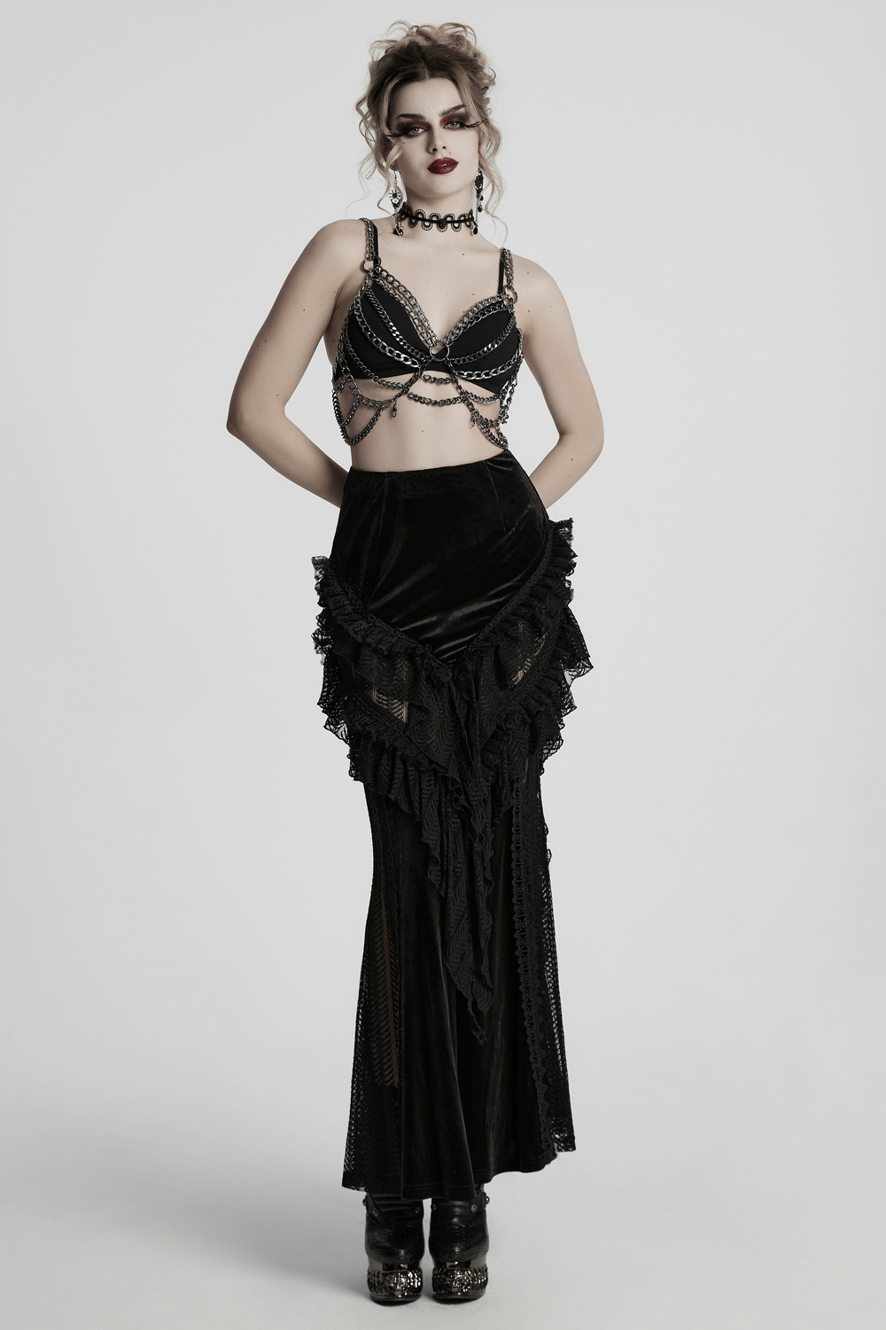 Gothic Velvet and Lace Ruffle Skirt with Mesh Detailing