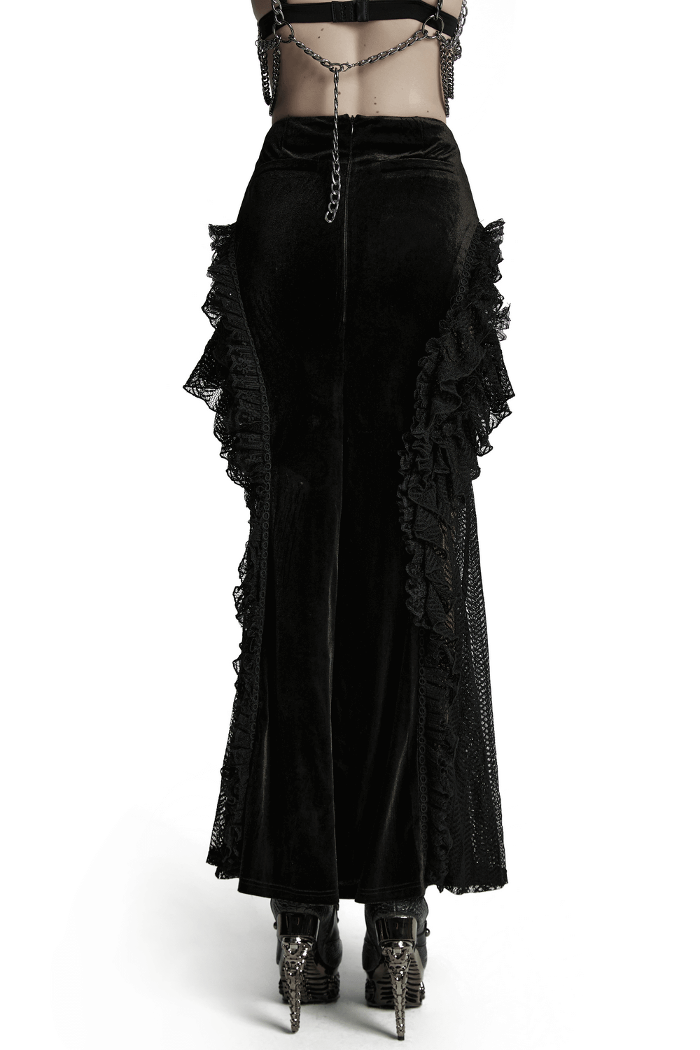 Gothic Velvet and Lace Ruffle Skirt with Mesh Detailing