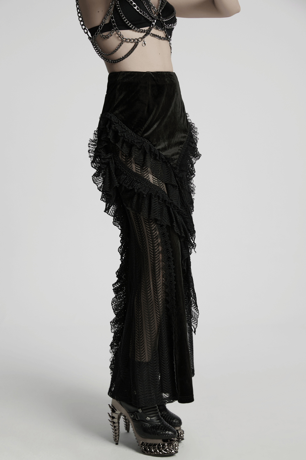 Gothic Velvet and Lace Ruffle Skirt with Mesh Detailing