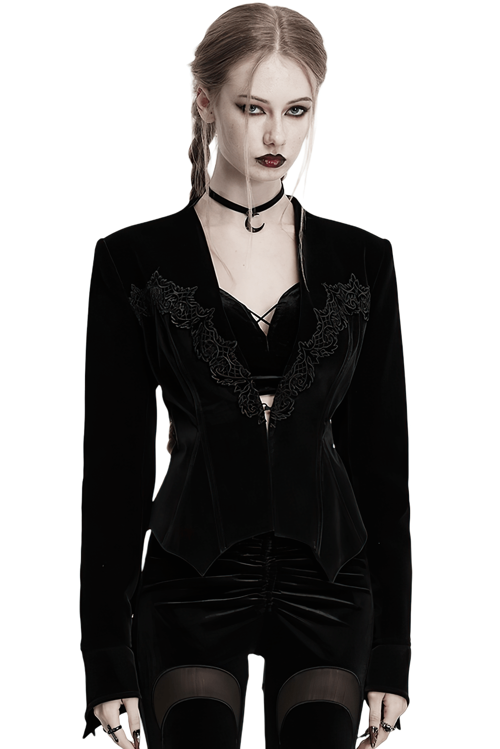 Gothic Velvet Bat Hem Jacket with Lace Details