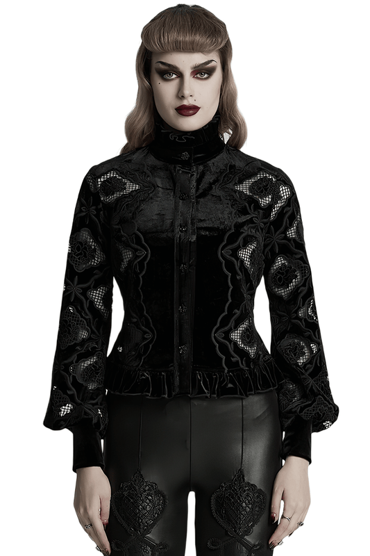 Gothic Velvet Blouse with Embroidery and Lace-Up Back