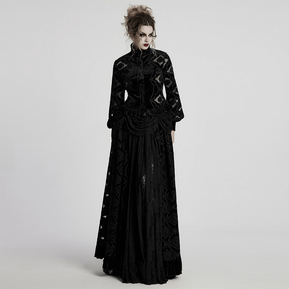 Gothic Velvet Blouse with Embroidery and Lace-Up Back
