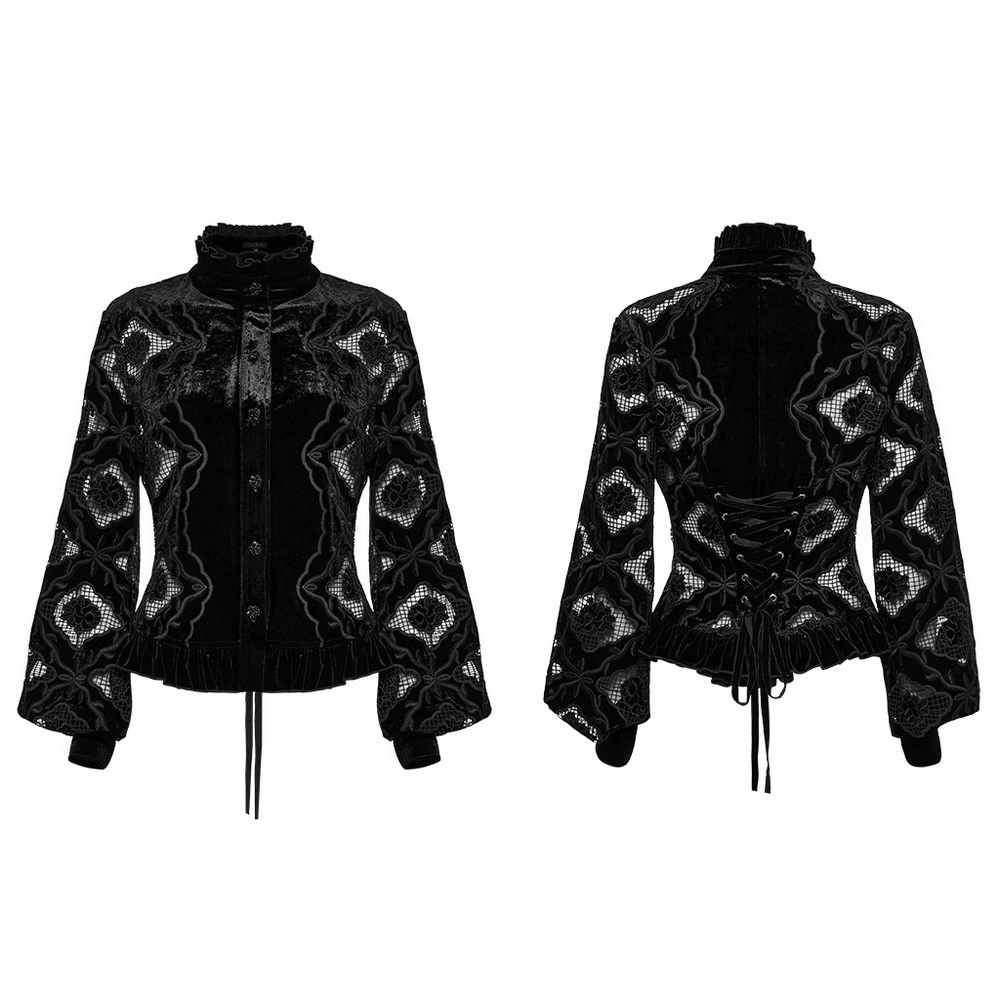 Gothic Velvet Blouse with Embroidery and Lace-Up Back