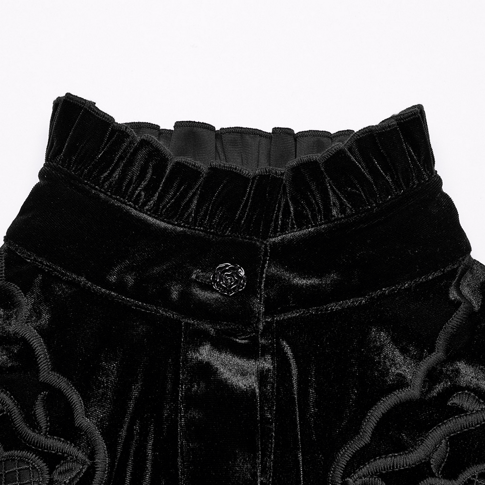 Gothic Velvet Blouse with Embroidery and Lace-Up Back