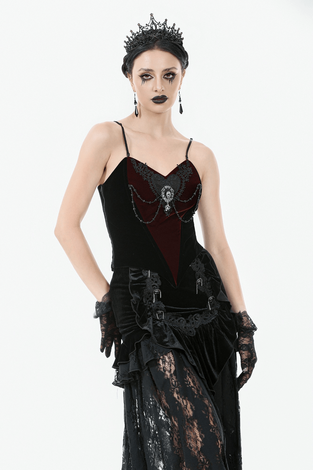 Gothic Velvet Corset Top with Lace and Chain Details