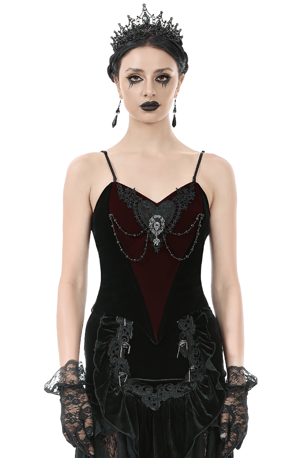 Gothic Velvet Corset Top with Lace and Chain Details