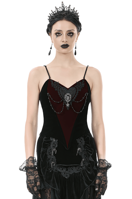 Gothic Velvet Corset Top with Lace and Chain Details