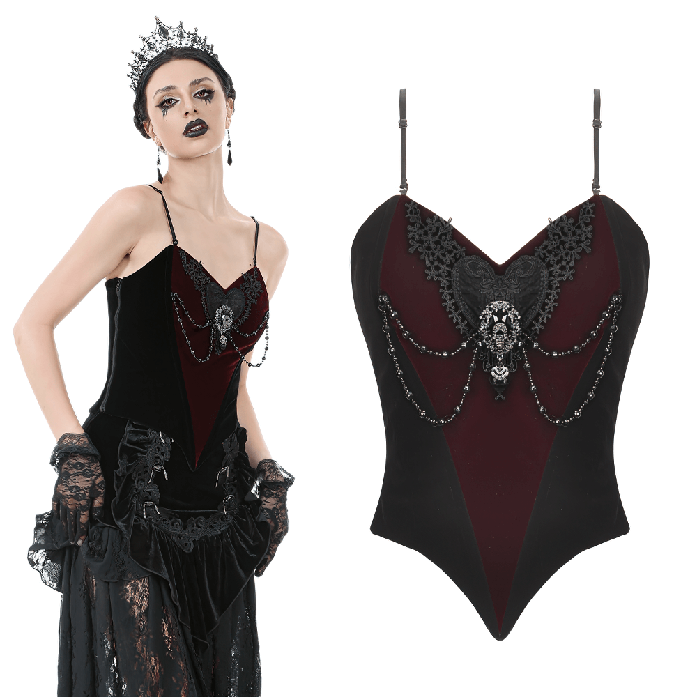 Gothic Velvet Corset Top with Lace and Chain Details
