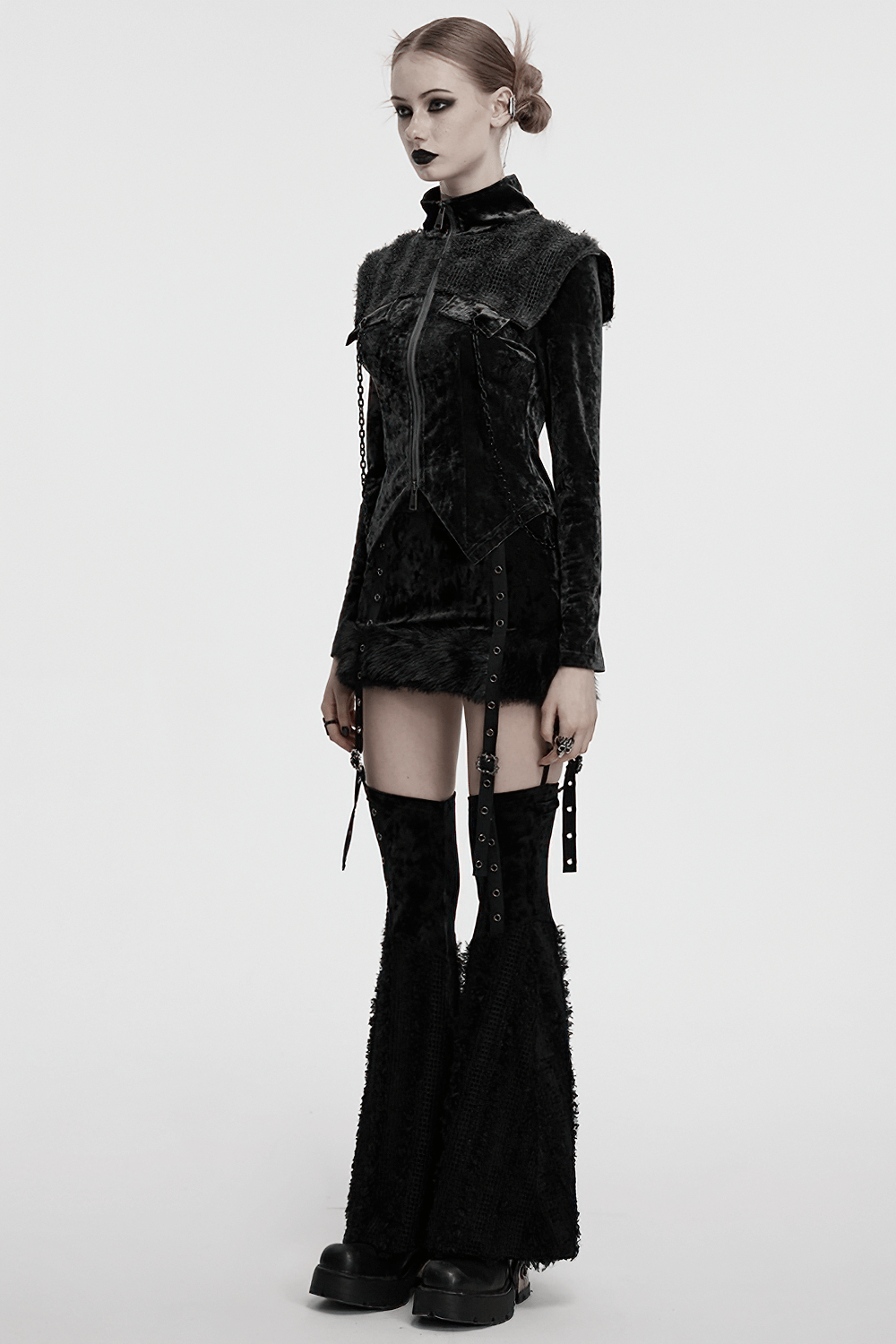 Gothic Velvet Fur Trim Skirt and Detachable Flare Pants