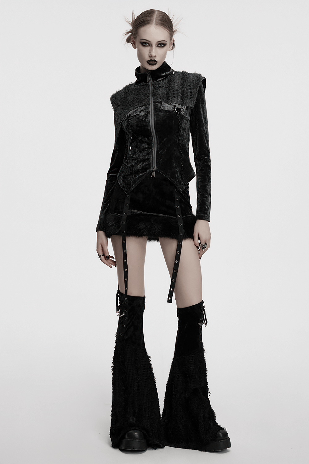 Gothic Velvet Fur Trim Skirt and Detachable Flare Pants