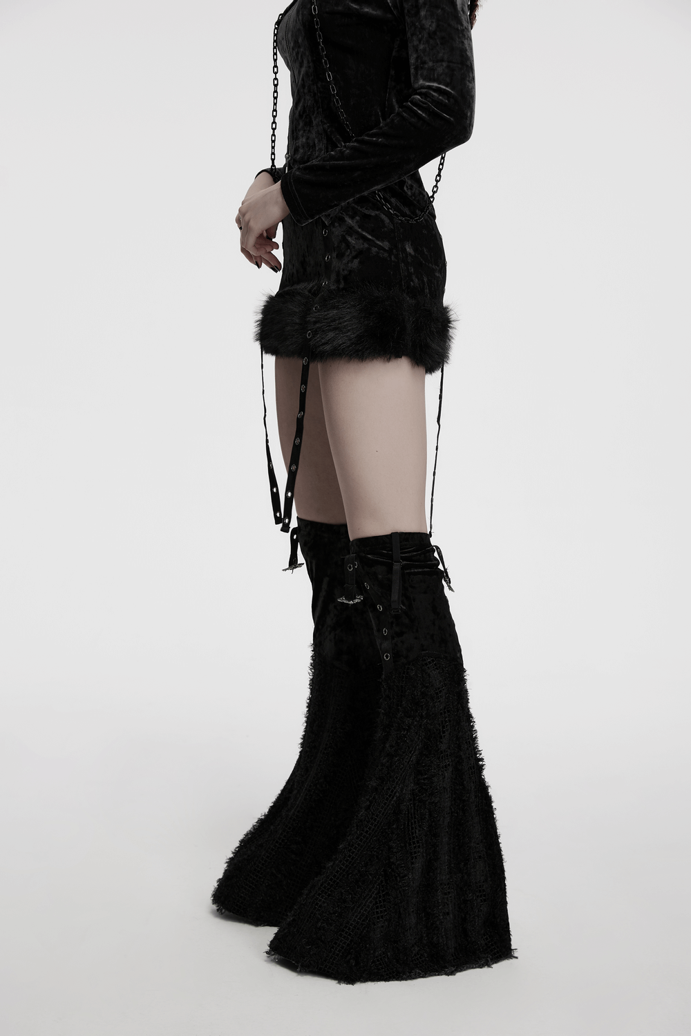 Gothic Velvet Fur Trim Skirt and Detachable Flare Pants