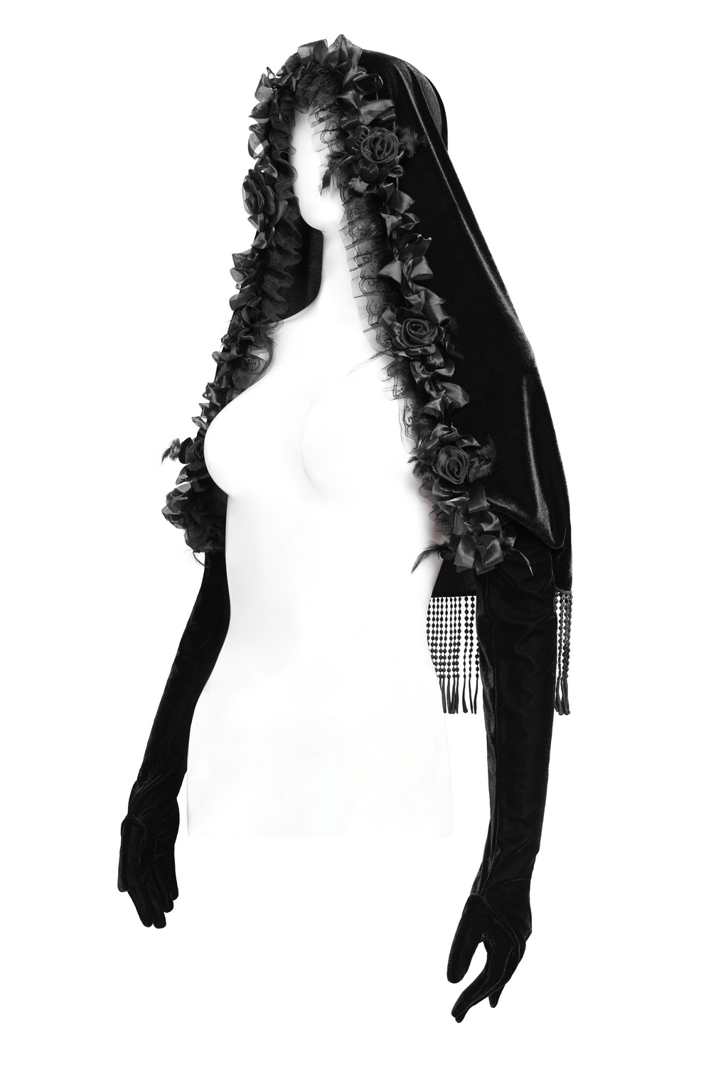 Gothic Velvet Hooded Cape with Floral Detailing and Fringe