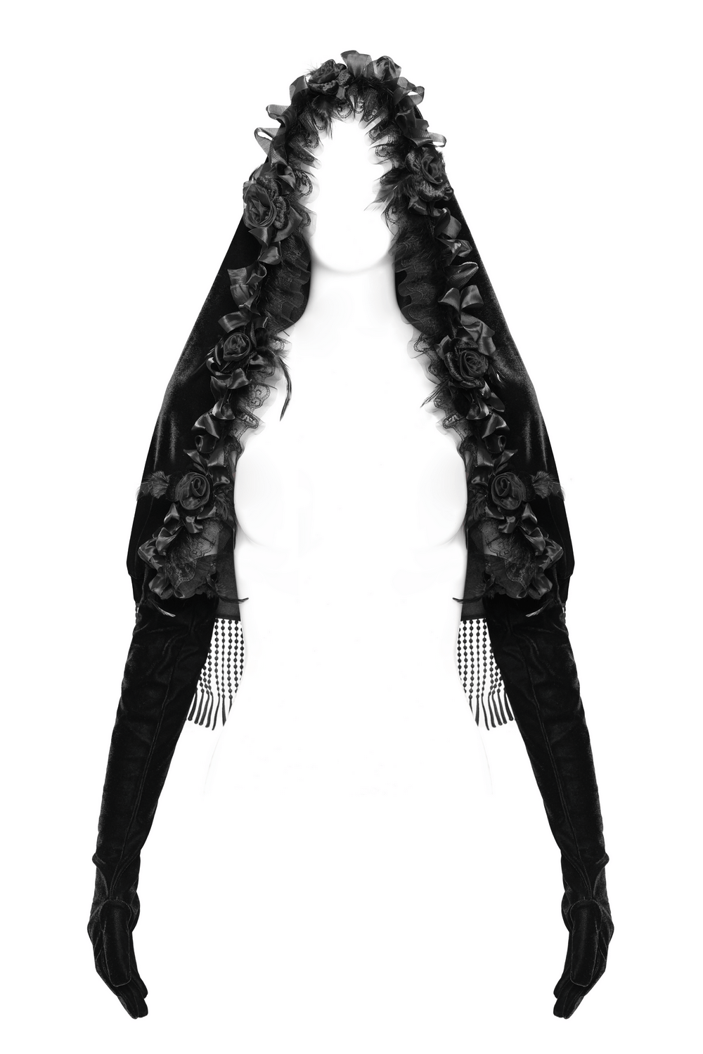 Gothic Velvet Hooded Cape with Floral Detailing and Fringe