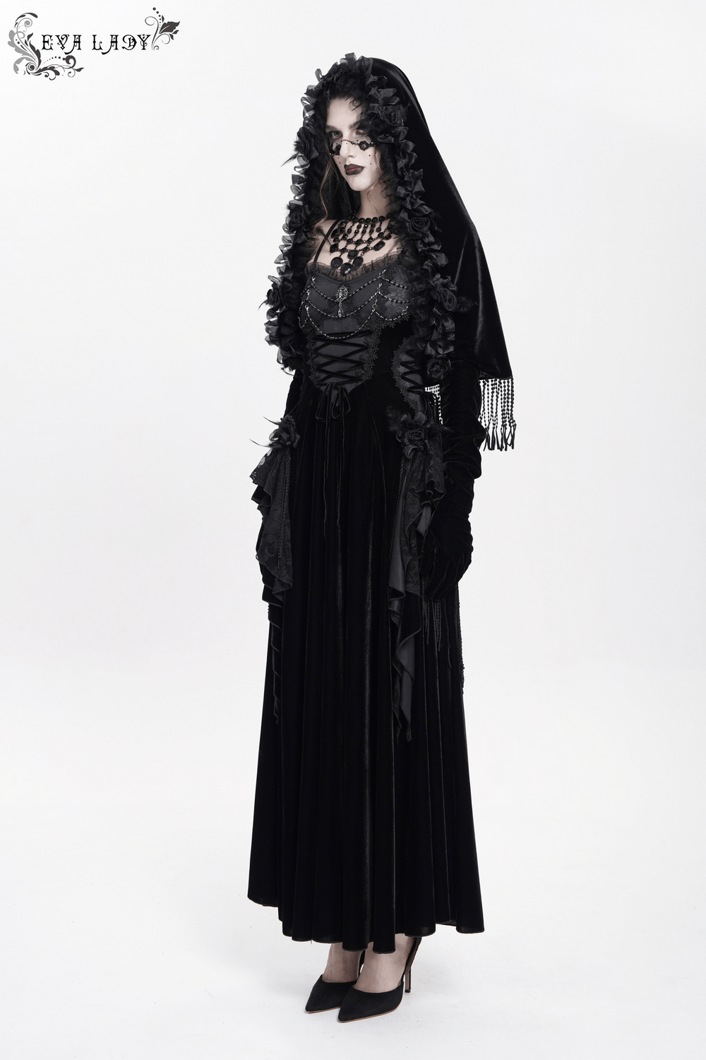 Gothic Velvet Hooded Cape with Floral Detailing and Fringe