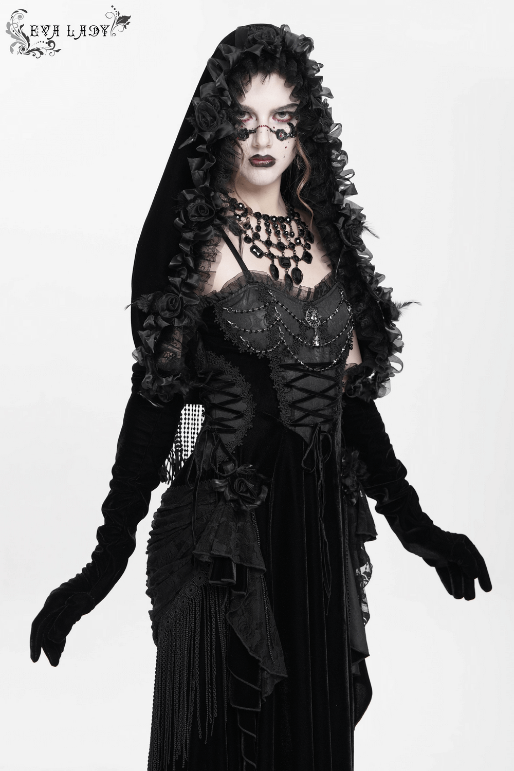 Gothic Velvet Hooded Cape with Floral Detailing and Fringe