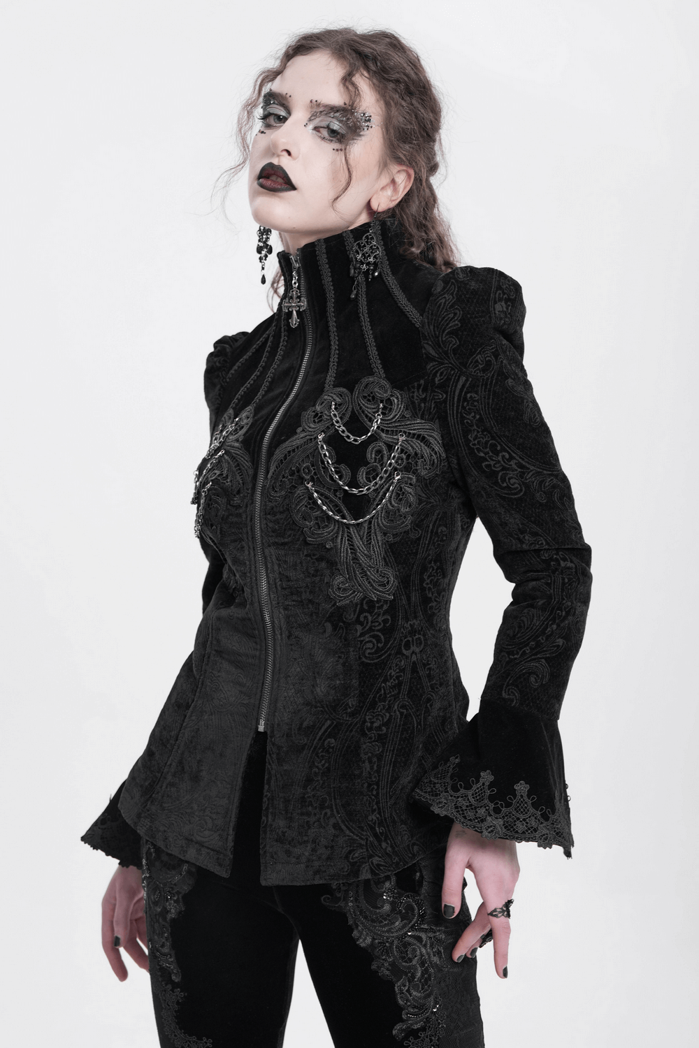 Gothic Velvet Jacket with Embroidery and Chain Details