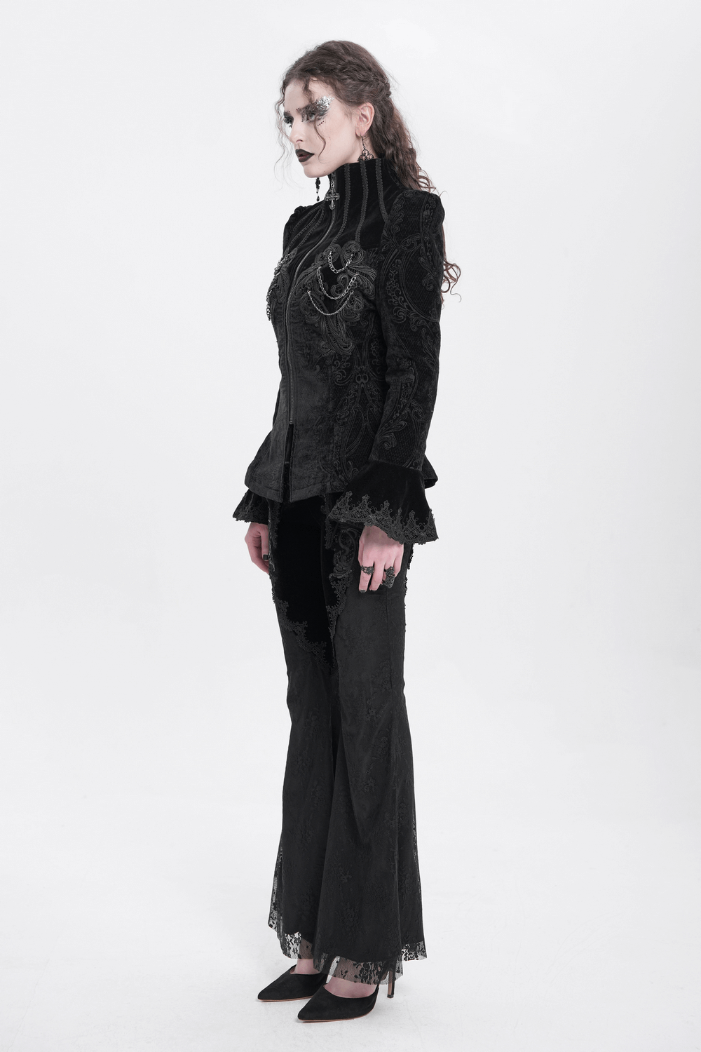 Gothic Velvet Jacket with Embroidery and Chain Details