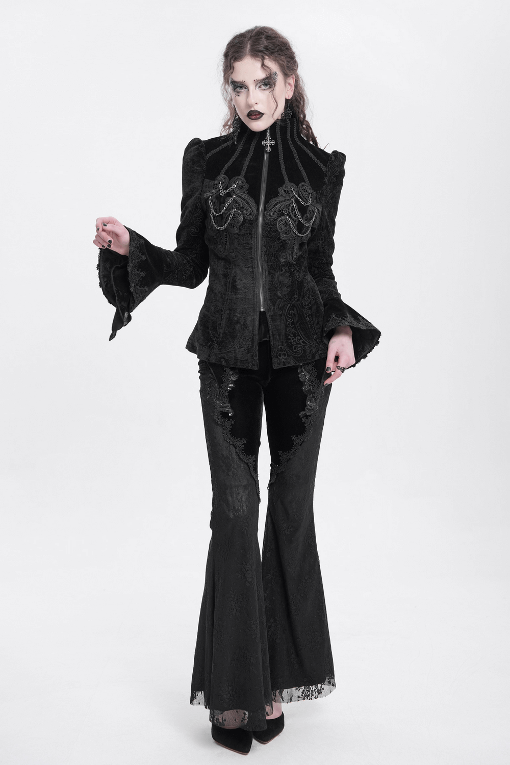Gothic Velvet Jacket with Embroidery and Chain Details