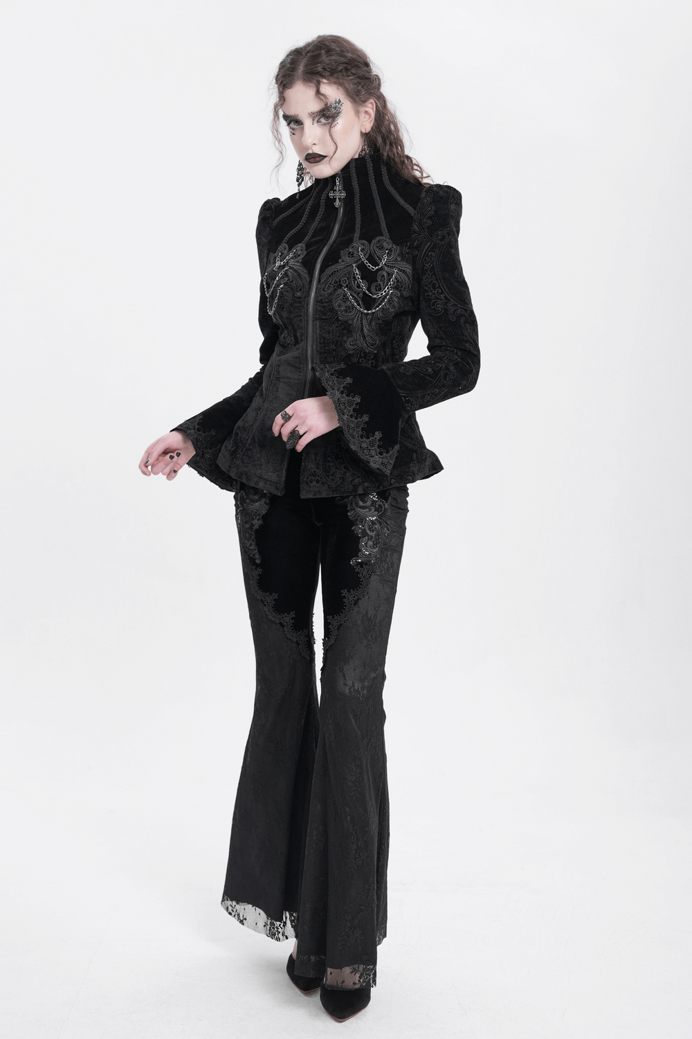 Gothic Velvet Jacket with Embroidery and Chain Details