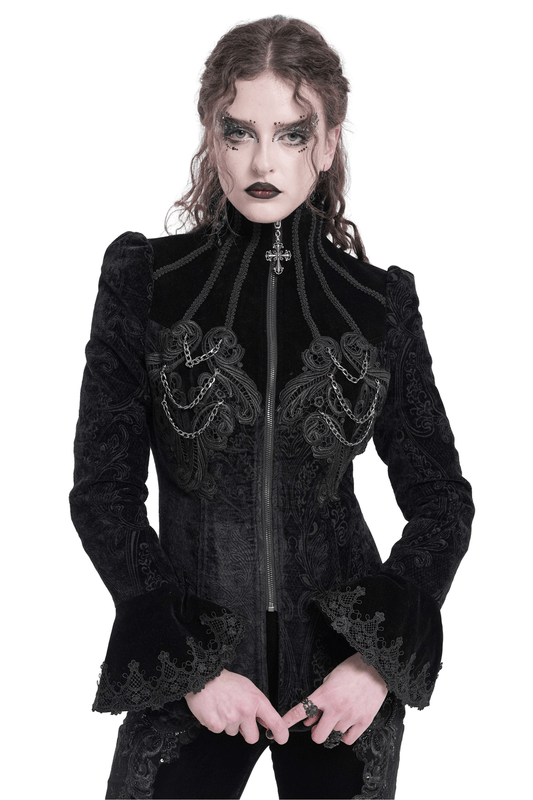 Gothic Velvet Jacket with Embroidery and Chain Details
