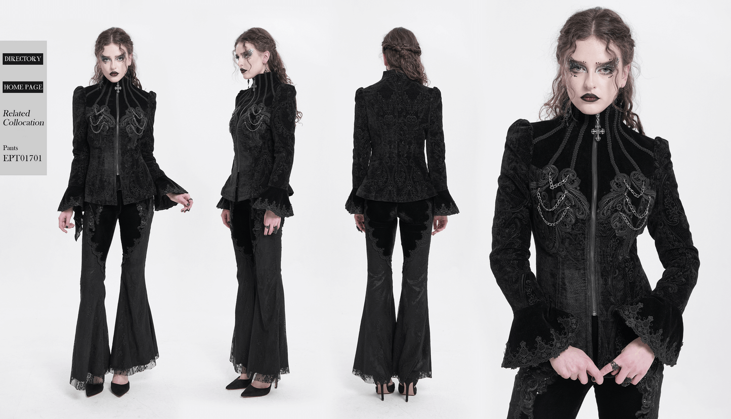 Gothic Velvet Jacket with Embroidery and Chain Details