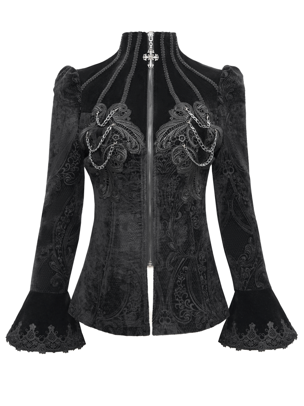 Gothic Velvet Jacket with Embroidery and Chain Details