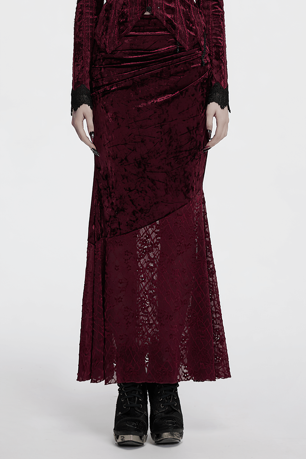 Gothic Velvet Lace Asymmetrical Skirt with Fishtail Design