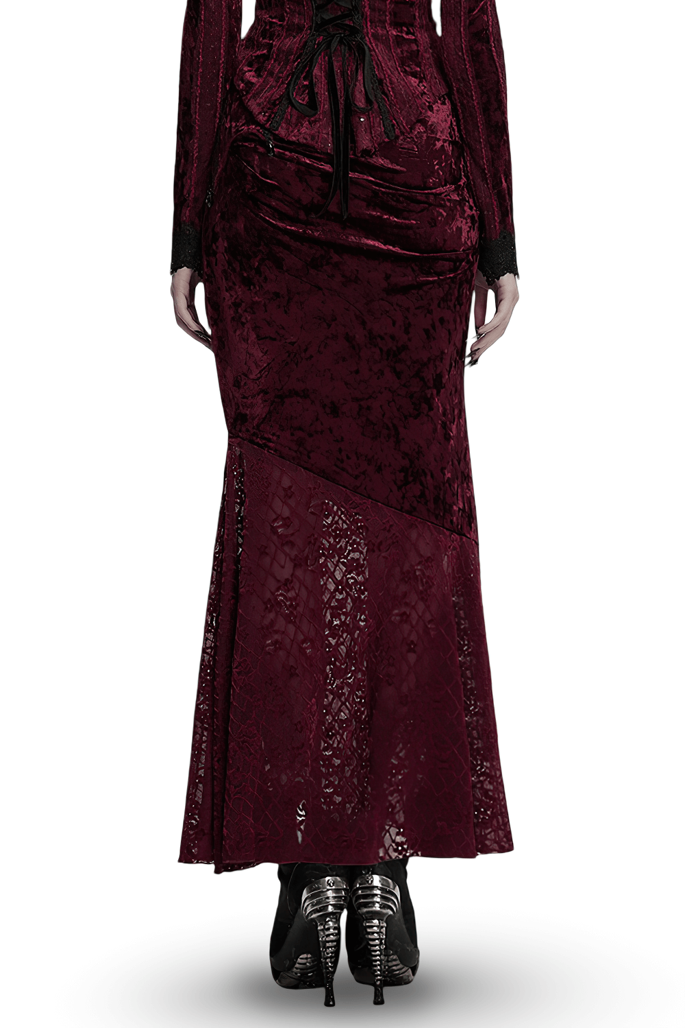 Gothic Velvet Lace Asymmetrical Skirt with Fishtail Design