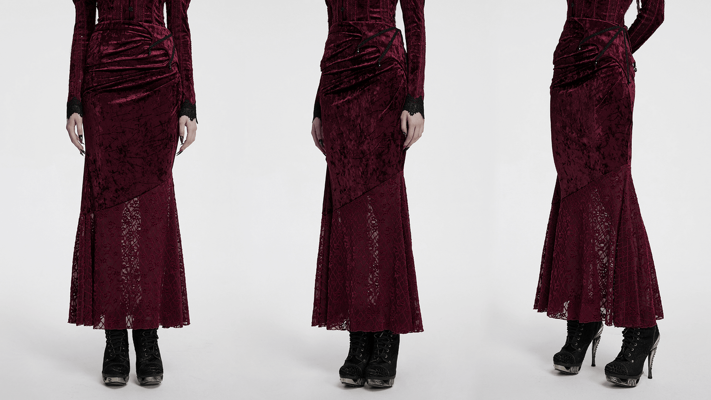 Gothic Velvet Lace Asymmetrical Skirt with Fishtail Design