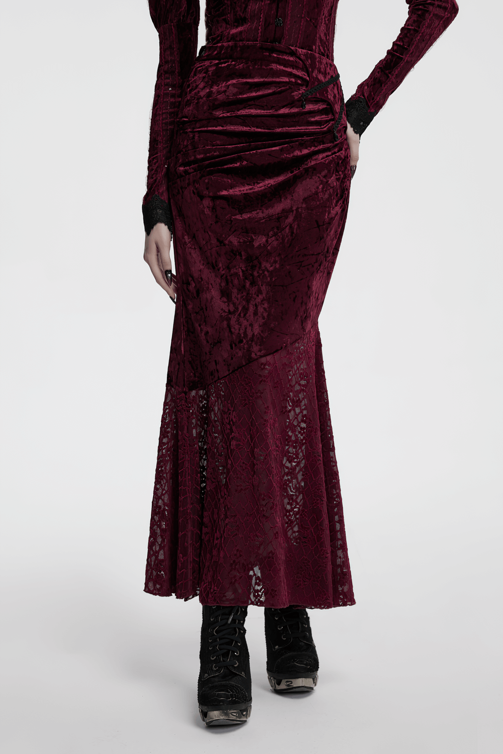 Gothic Velvet Lace Asymmetrical Skirt with Fishtail Design