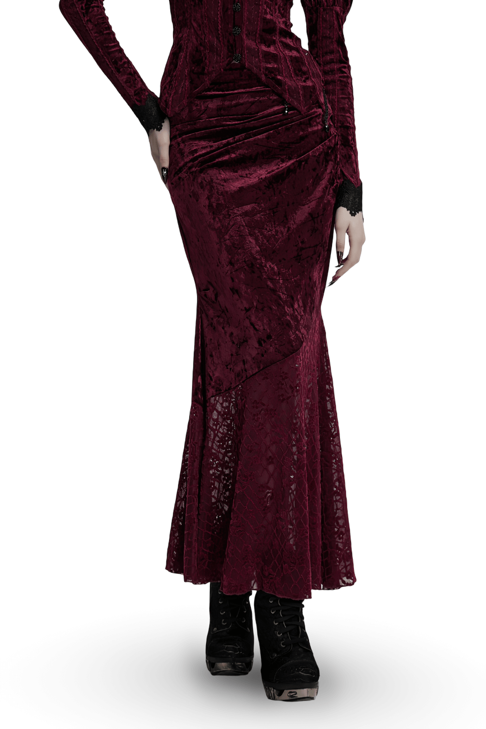 Gothic Velvet Lace Asymmetrical Skirt with Fishtail Design