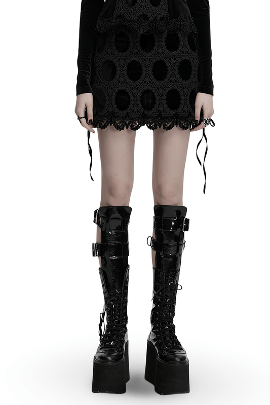 Gothic Velvet Lace Mini Skirt with Side Straps