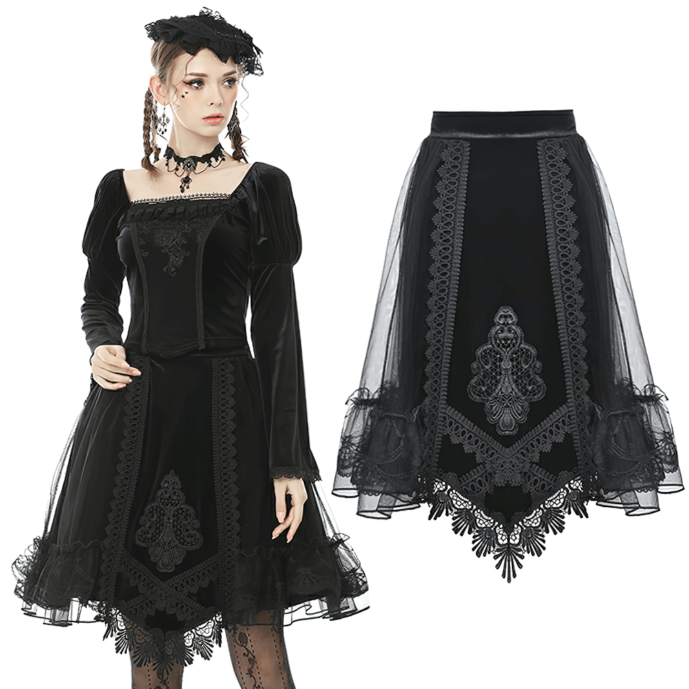Gothic Velvet Lace Skirt with Mesh Overlay and Ribbon Accents