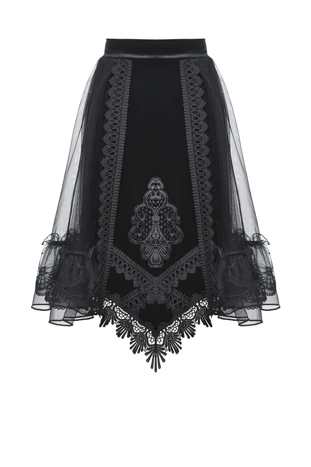 Gothic Velvet Lace Skirt with Mesh Overlay and Ribbon Accents