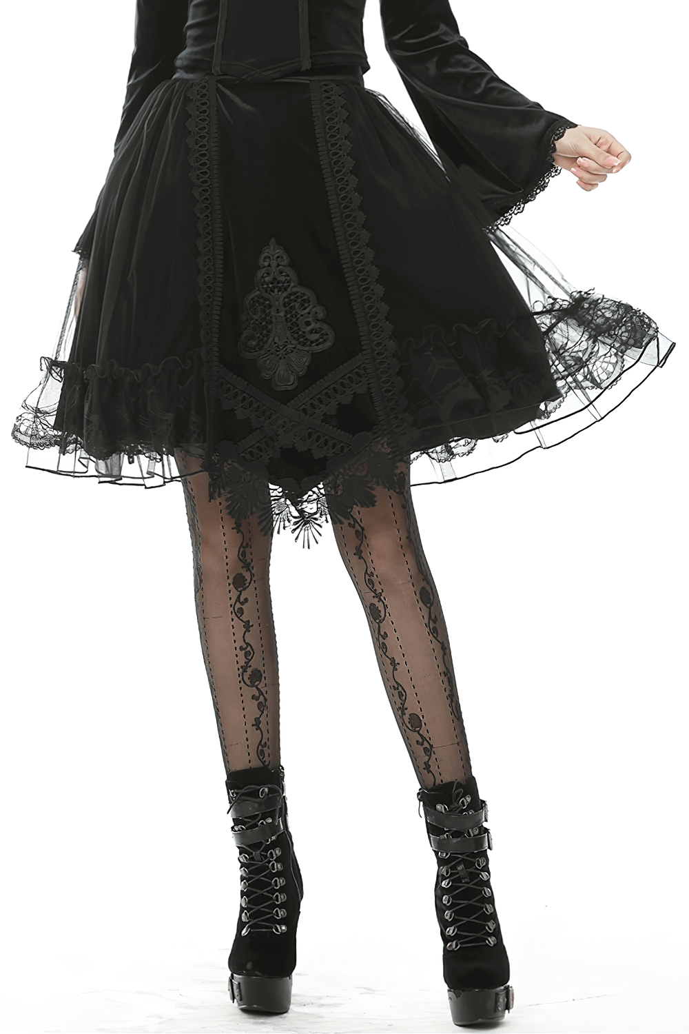 Gothic Velvet Lace Skirt with Mesh Overlay and Ribbon Accents