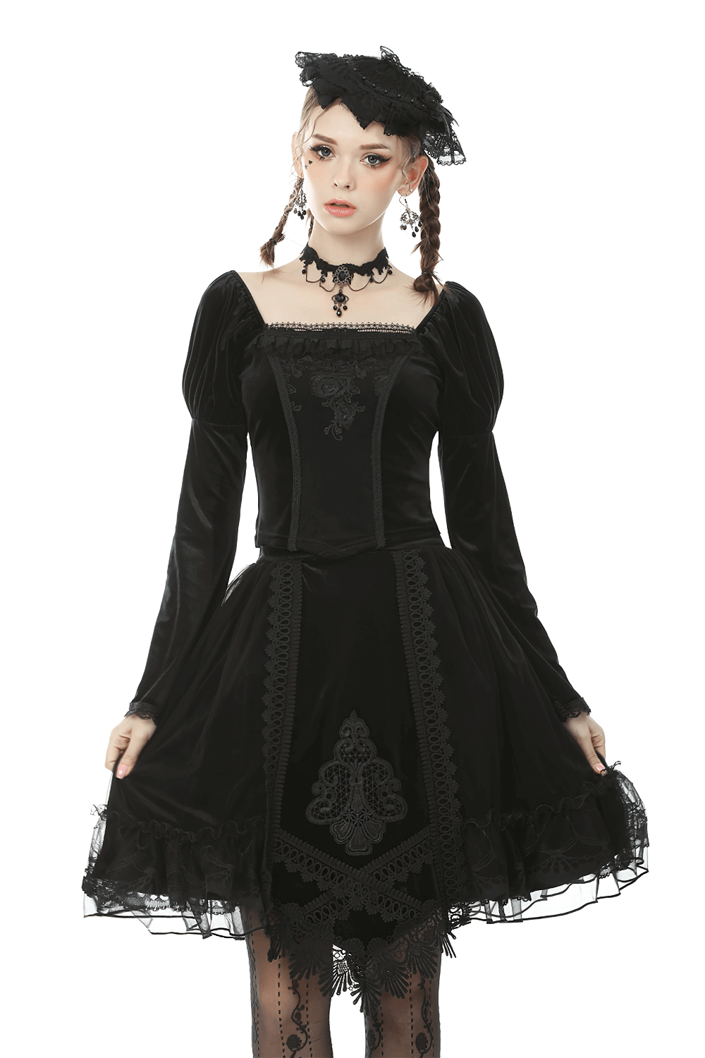 Gothic Velvet Lace Skirt with Mesh Overlay and Ribbon Accents