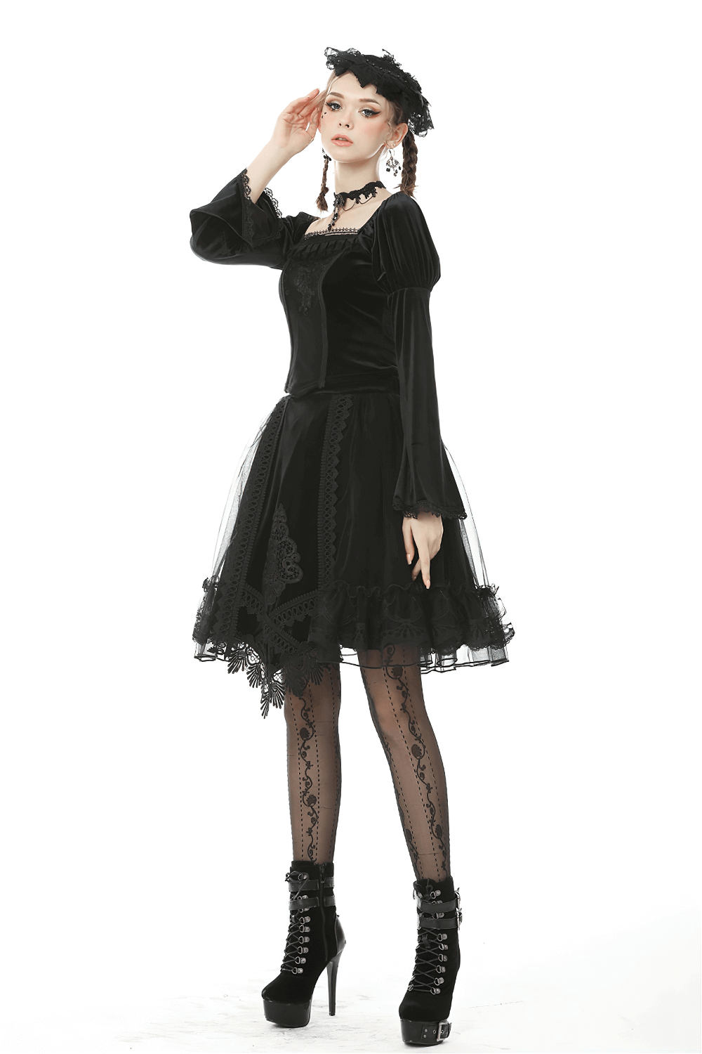 Gothic Velvet Lace Skirt with Mesh Overlay and Ribbon Accents