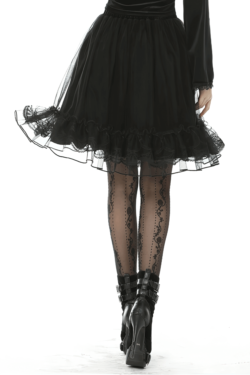 Gothic Velvet Lace Skirt with Mesh Overlay and Ribbon Accents