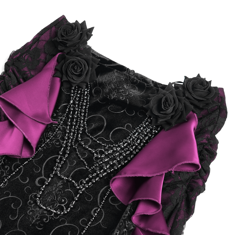Gothic Velvet Maxi Skirt with Purple Ruffles and Chains
