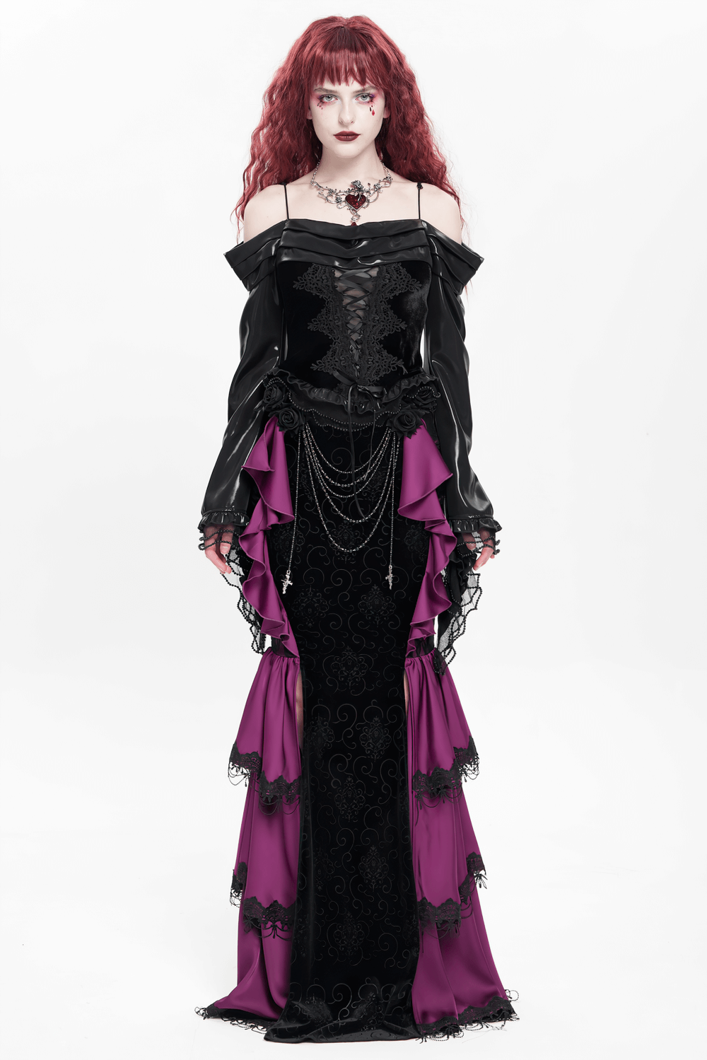 Gothic Velvet Maxi Skirt with Purple Ruffles and Chains