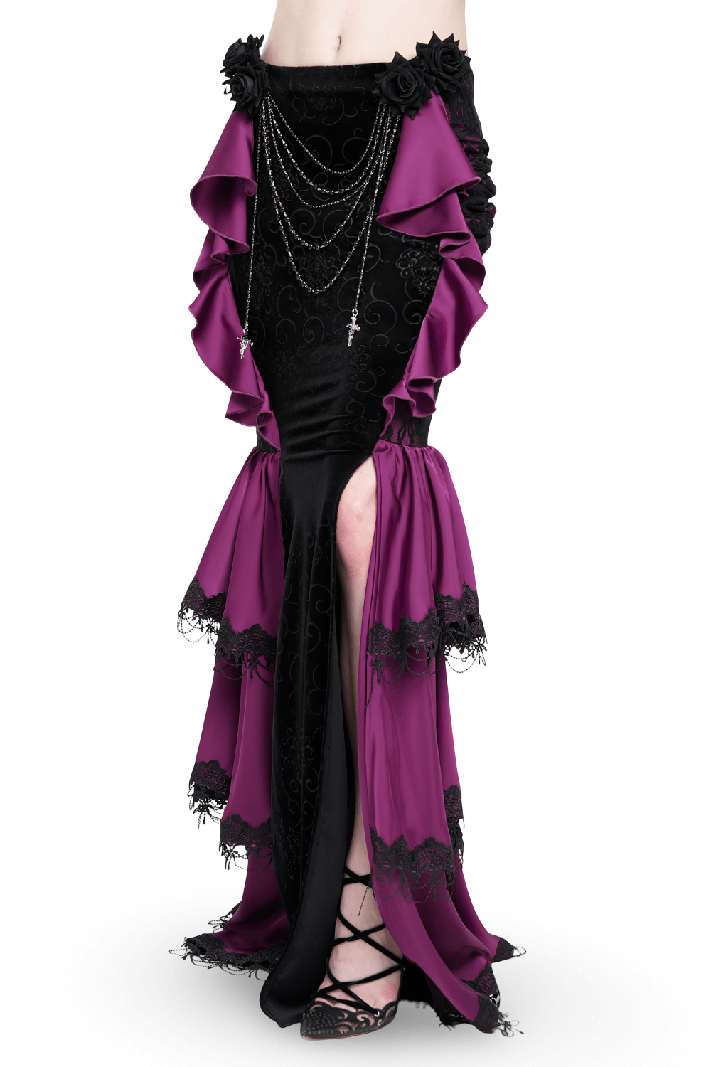 Gothic Velvet Maxi Skirt with Purple Ruffles and Chains